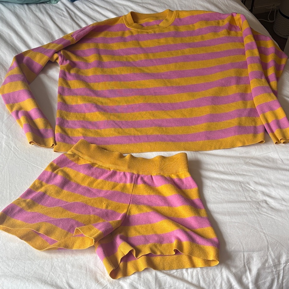 Cozy Striped Knit Pajama Set in Yellow & Pink